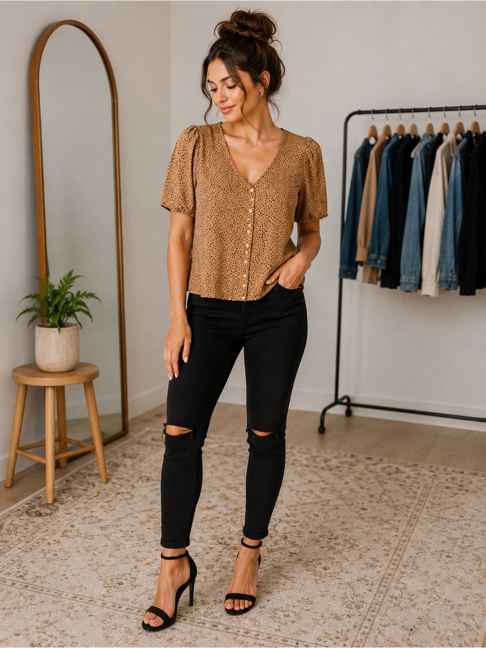 SHEIN Tan & Black Speckled Puff Sleeve Blouse - Size Small